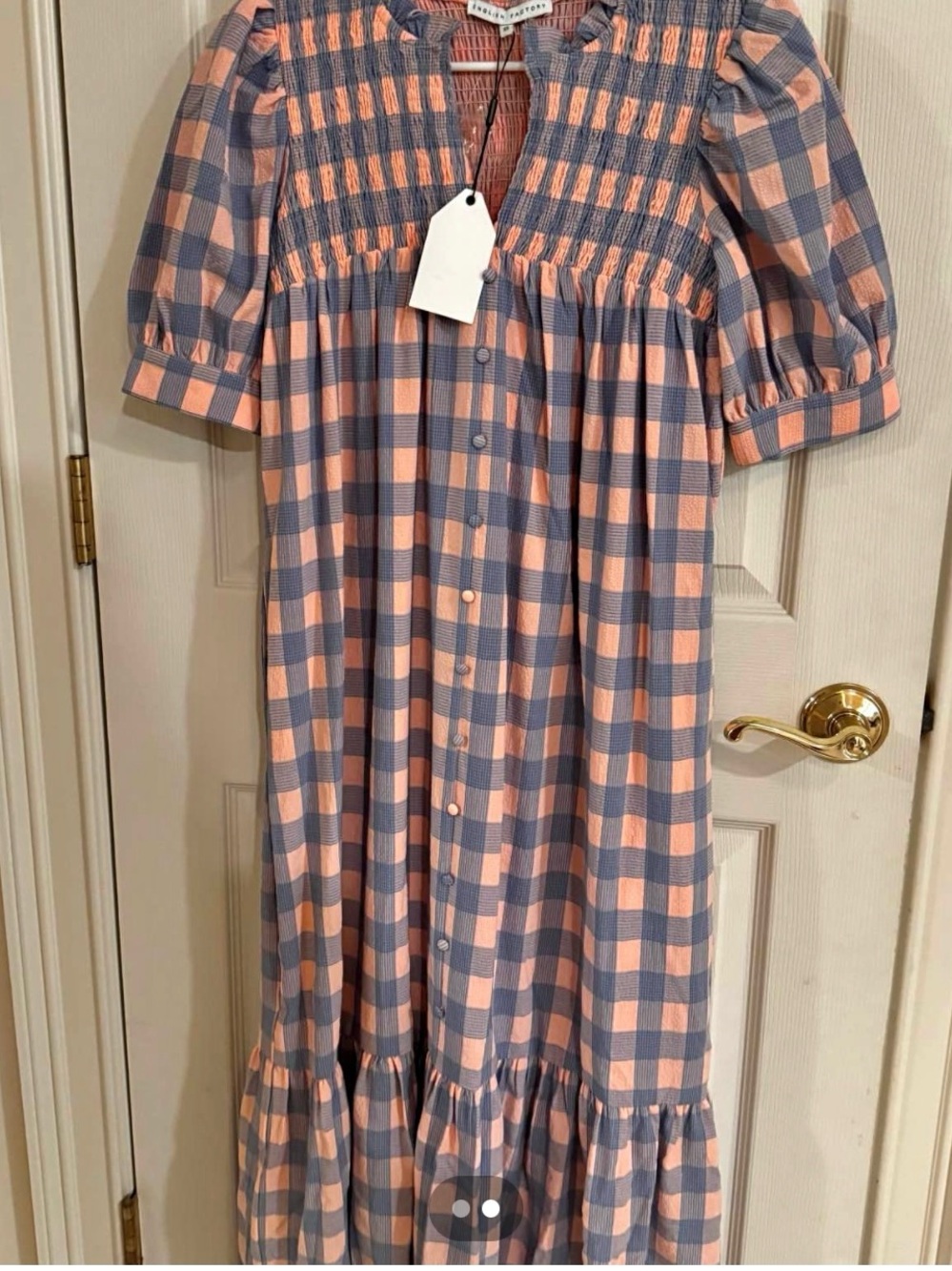 English Factory Peach and Gray Check Midi Dress